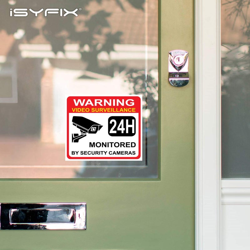iSYFIX Video Surveillance Warning Sign Sticker - 4 Pack 7x6 inch â€“ Premium Self-Adhesive Vinyl, Laminated for Ultimate UV Protection, Weather, Scratch, Water & Fade Resistance, Indoor & Outdoor - Image 5